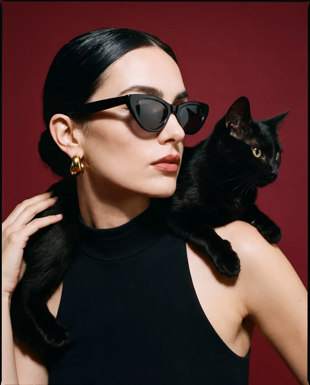 AI campaign image for an eyewear brand: cat-eye sunglasses on a model with a black cat, studio light
