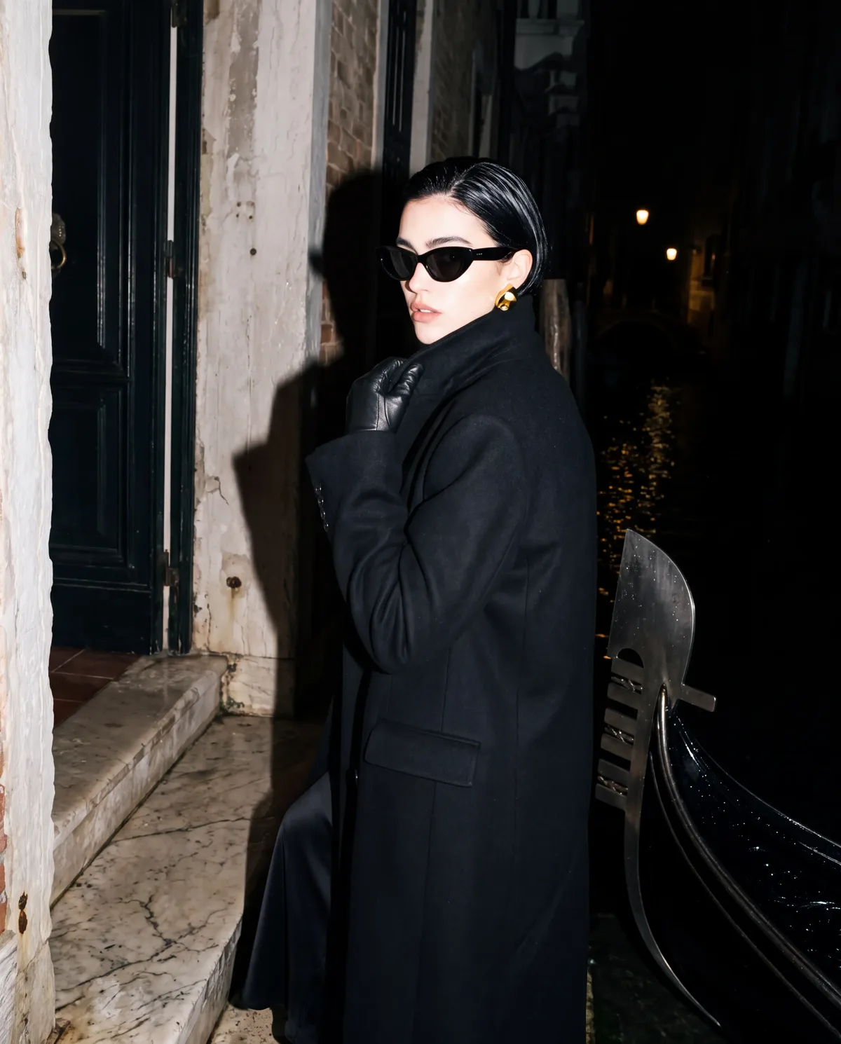 Eyewear campaign frame without a shoot: cat-eye sunglasses, Venice at night, flash