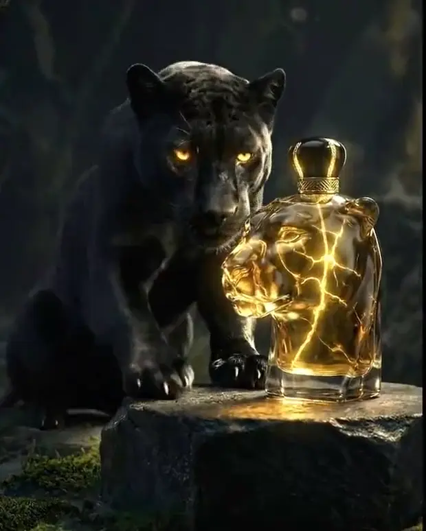 Fragrance campaign frame, own house Notte: black panther beside an amber bottle in a night forest