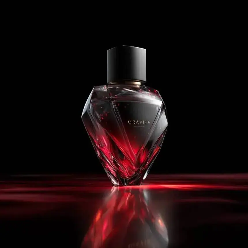 Perfume still life campaign frame: faceted ruby bottle on black lacquer