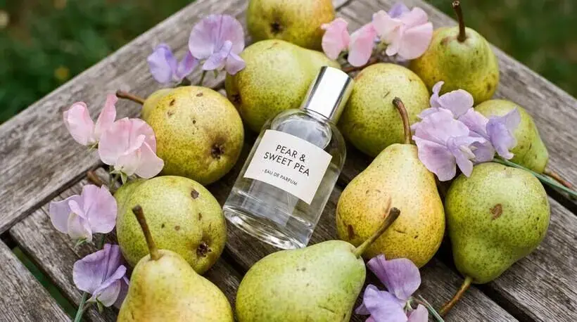 Fragrance campaign still life: eau de parfum bottle among pears and sweet peas, noon light
